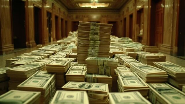 Millions of dollars in bills, cash stacks, economic, money and finance Generative AI 