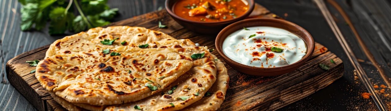 Aloo paratha, stuffed bread with spiced potatoes, served with yogurt and pickle on a traditional wooden board