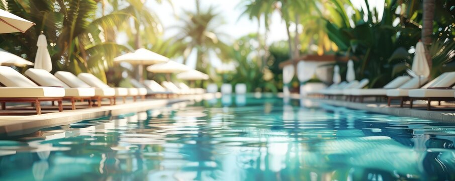 poolside scene at a luxurious tropical resort with rows of loungers under palm trees during sunset.