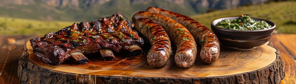 Argentine asado, grilled beef ribs and sausages, served with chimichurri sauce on a wooden platter with a scenic Patagonian landscape