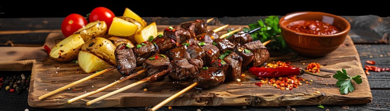 Bolivian anticuchos, grilled beef heart skewers, served with potatoes and a spicy sauce on a rustic wooden board with a La Paz market scene