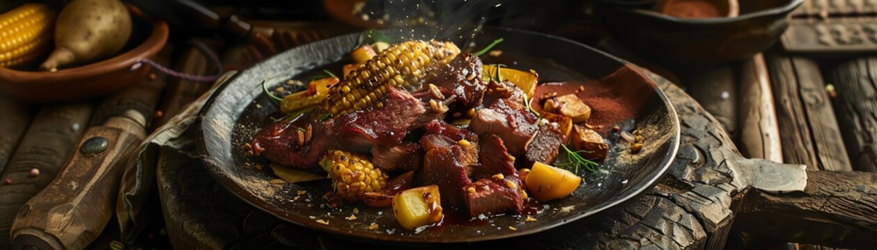 Bolivian charque de llama, dried llama meat with corn and potatoes, served on a rustic plate with an Andean mountain scene