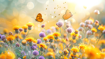 Cheerful buoyant spring summer shot of yellow Santolina flowers and butterflies in meadow in nature outdoors on bright sunny day, macro. Soft selective focus. - Powered by Adobe