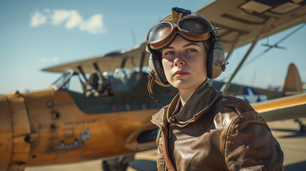 A woman in a leather jacket and goggles stands in front of a yellow airplane. Concept of adventure and excitement, as the woman is a pilot or an aviation enthusiast. The vintage style of the airplane