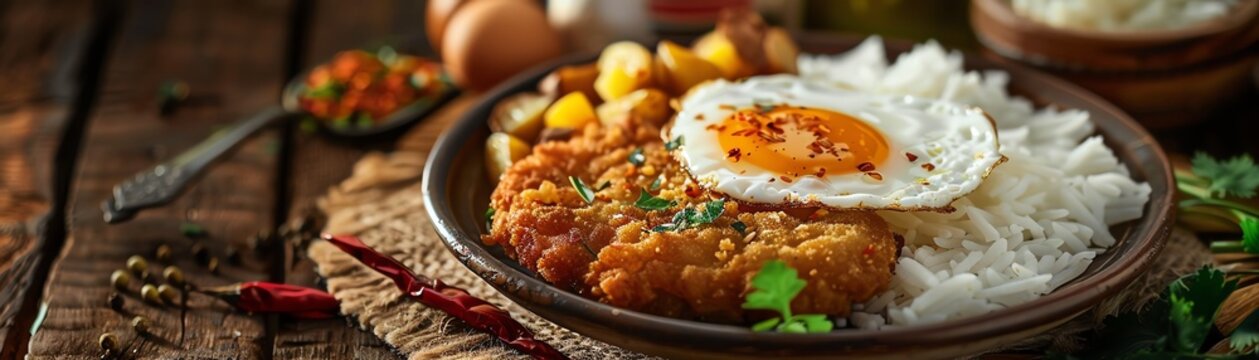Bolivian silpancho, breaded beef cutlet with rice, potatoes, and fried egg, served on a rustic plate with a Cochabamba cityscape backdrop