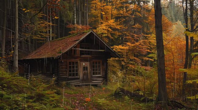Quaint wooden house nestled within the lush canopy of a tropical rainforest
 Seamless looping 4k time-lapse virtual video animation background. Generated AI