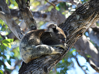 A cute koala taking a nap in a eucalyptus tree on a sunny day.