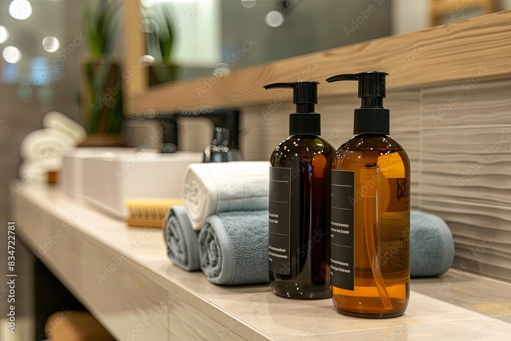 Poster two stylish bottles of shampoo and conditioner sit on a countertop in a modern bathroom. generative 