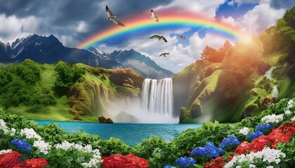 Landscape of beauty of nature with beautiful flowers and water fall 
