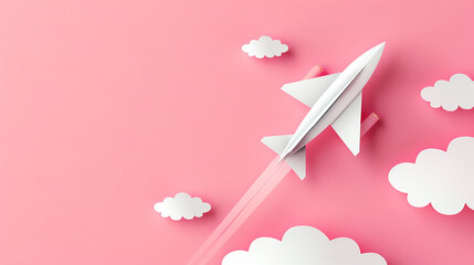 Paper airplane soaring among paper clouds, digital art style, pink background, concept of aspiration and creativity. Generative AI