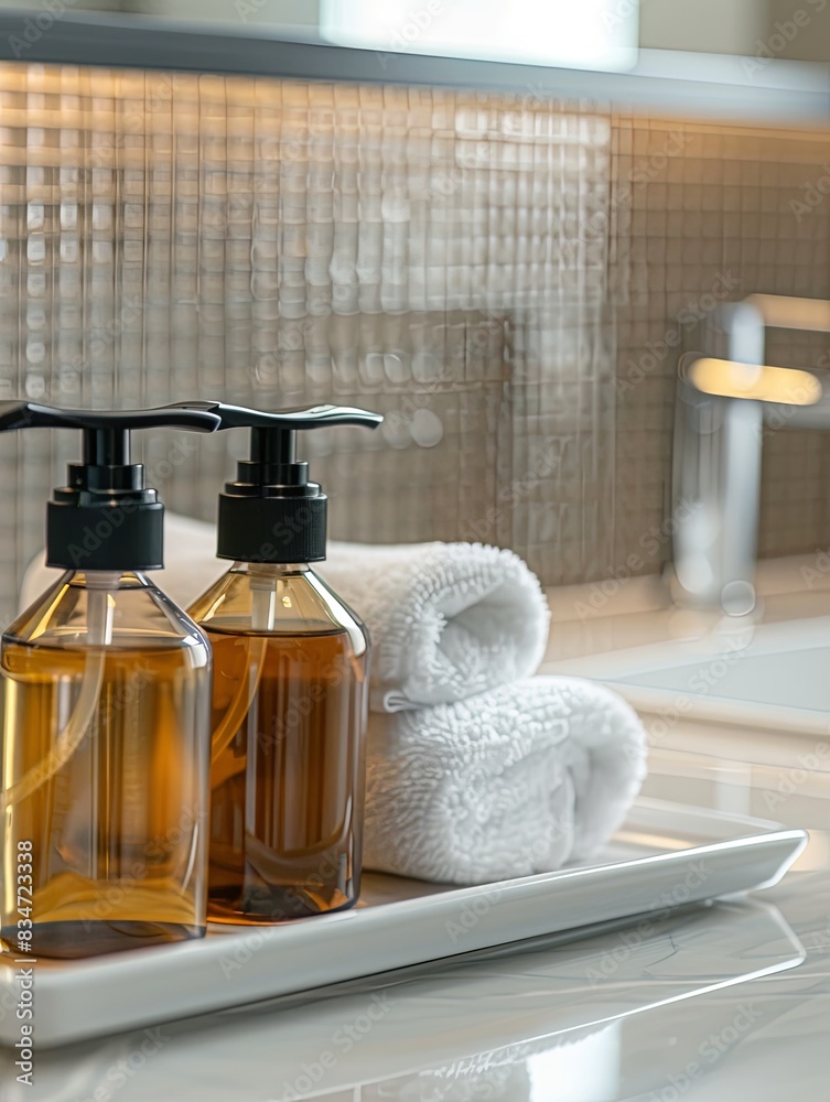 Aufkleber close-up of two bottles of shampoo and conditioner on a bathroom countertop. generative ai
