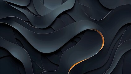 Black abstract background with black paper cut waves, minimalistic design on a dark grey gradient background, high resolution, high quality image with high detail and sharp focus, no blur effect, vect