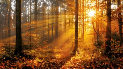 A high-resolution image of an autumn forest with golden sunlight streaming through the trees. The forest floor is covered in vibrant fallen leaves, with trees displaying warm autumn colors from