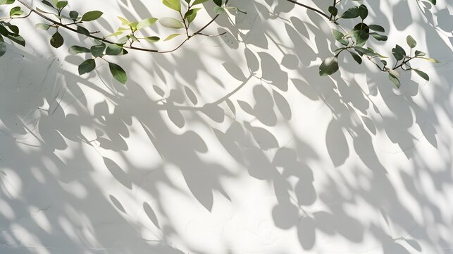 A high-resolution image of a minimalist scene with the shadow of leaves cast on a white wall. The soft, diffused light creates distinct leaf patterns and shadows, emphasizing simplicity and