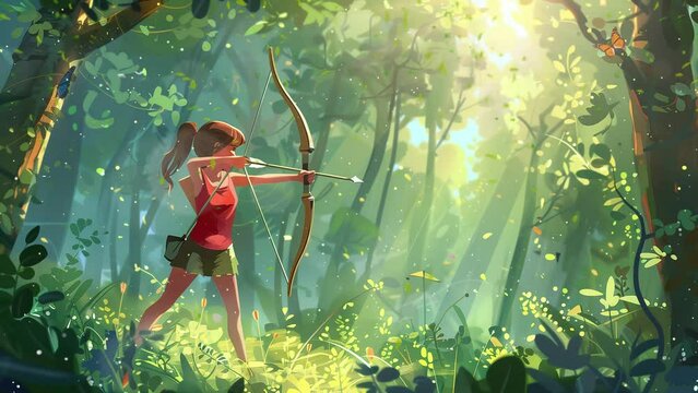 archer girl drawing her bowstring with focus. seamless looping overlay 4k virtual video animation background