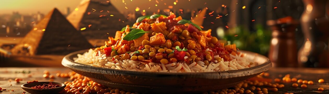 Experience the rich and savory flavors of traditional Egyptian cuisine with this deliciouskoshari dish, made with rice, lentils, chickpeas, and topped with a tangy tomato sauce