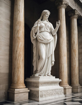 Una statua in gesso bianca raffigurante una donna romana in tunica drappeggiata.
