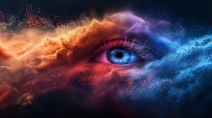 Naklejka premium Digital generated image of multicolored particles forming eye shape against black background.