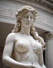 Una statua di una donna romana in gesso bianco, con una corona di foglie sulla testa.
