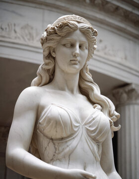 Una statua di una donna romana in gesso bianco, con una corona di foglie sulla testa.
