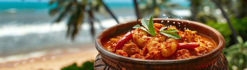 Goan prawn curry, prawns cooked in a spicy coconut gravy, served in a traditional bowl with a...