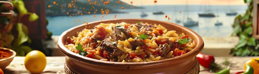 A delicious and healthy Mediterranean dish of lamb and orzo pasta with fresh vegetables, herbs and spices.