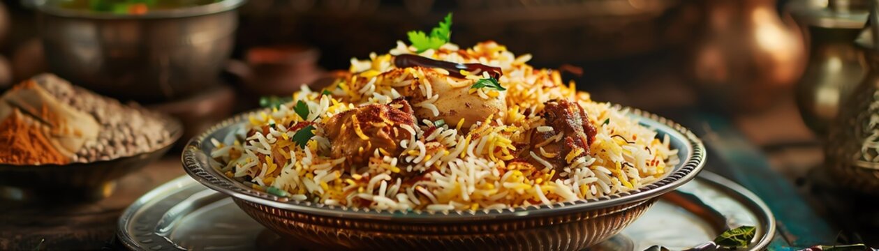 Hyderabadi biryani with fragrant basmati rice, chicken, and aromatic spices, served on a traditional platter with a view of Charminar