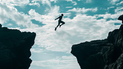 Silhouette of a person jumping between cliffs against a cloudy sky, concept of risk and challenge....
