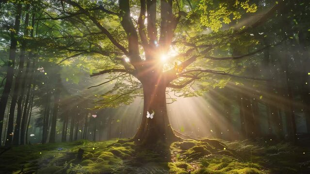 beautiful nature scene with a tree and sunbeams whining through it in a forest. seamless looping overlay 4k virtual video animation background