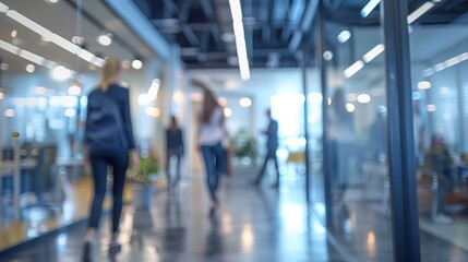 Busy business office scene with blurred casual attire people and bokeh background.

