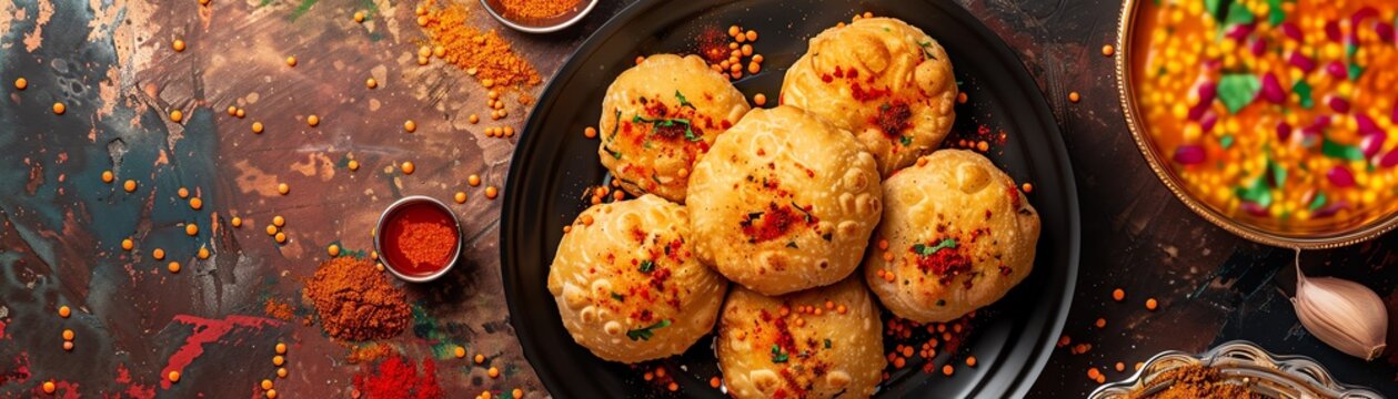 Kachori, crispy pastries filled with spiced lentils, served with tamarind chutney on a vibrant plate with a festive Indian market backdrop