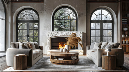 Wooden accent ellipse coffee table between two sofas against fireplace and arched window. Country rustic interior design of modern living room.