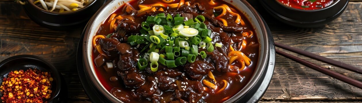 A bowl of Jajangmyeon, a Korean noodle dish with a black bean sauce