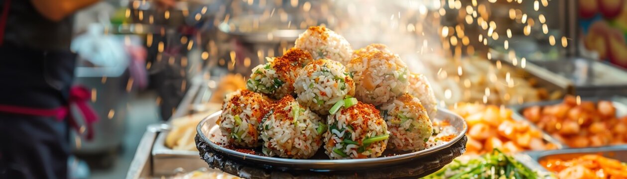 A variety of Korean street food, including tteokbokki, kimbap, and mandu.