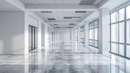 Spacious empty office interior with modern design, ideal for business concepts, work environment, or remote working, interior architecture photography.

