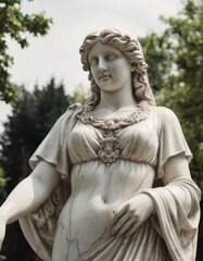 Una statua di una donna romana in gesso bianco, con un manto drappeggiato sulle spalle.
