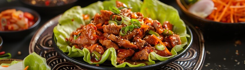 A delicious and healthy Korean dish with stir-fried chicken, fresh lettuce, and kimchi.