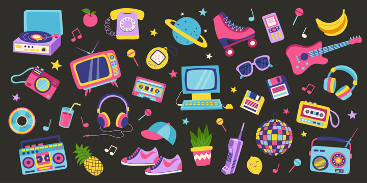 90s retro elements set on black background. Concept of 90s. Stickers. Y2K, 2000s, 80s retro elements set.