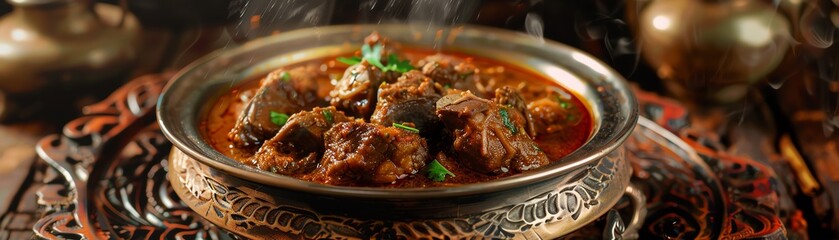 Lamb vindaloo, spicy lamb curry, served in a decorative bowl with a coastal Goan backdrop