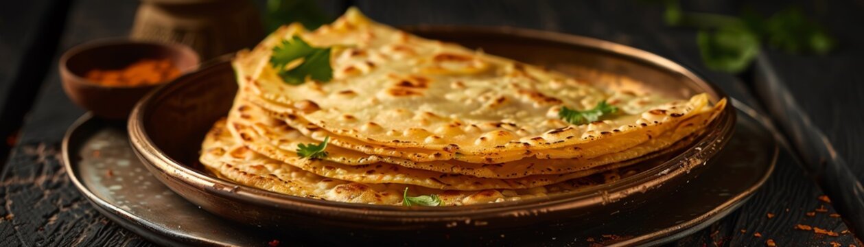 Malabar parotta, flaky layered bread, served on a rustic plate with a coastal Kerala village backdrop