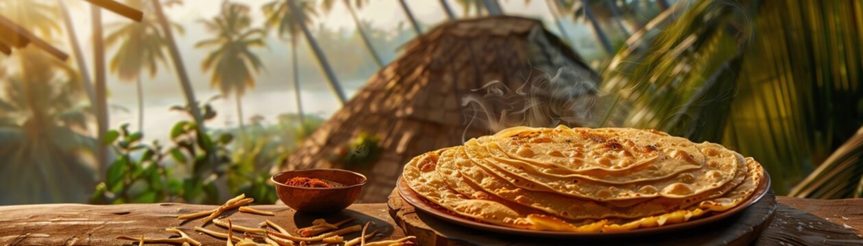 Malabar parotta, flaky layered bread, served on a rustic plate with a coastal Kerala village backdrop