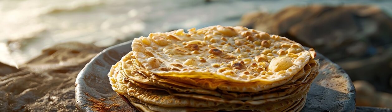 Malabar parotta, flaky layered bread, served on a rustic plate with a coastal Kerala village backdrop