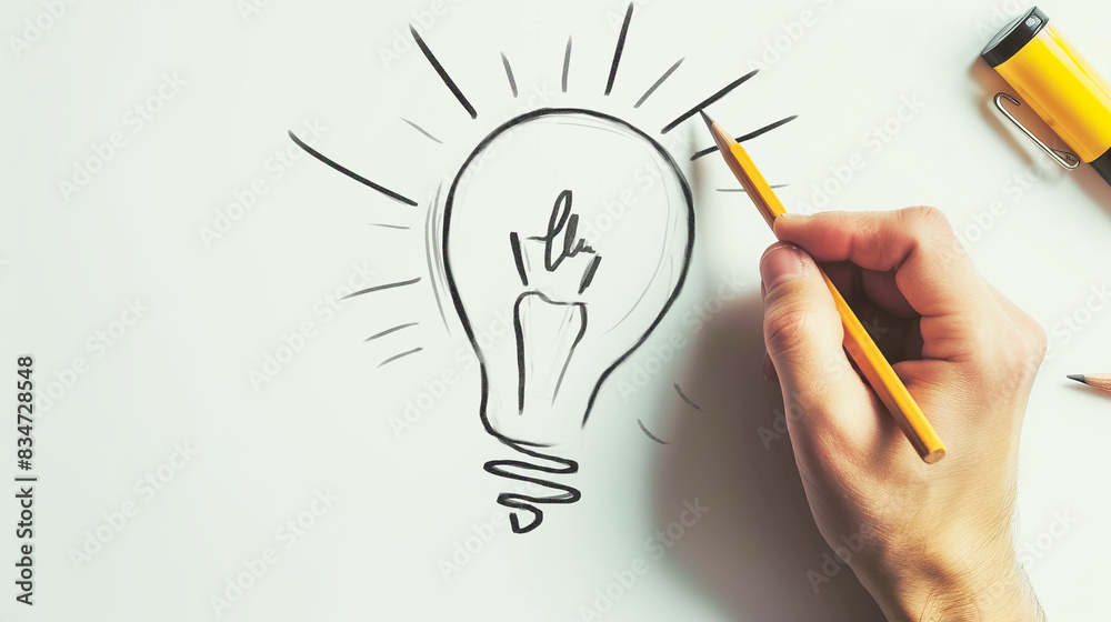 Aufkleber a hand drawing a lightbulb concept on a white background, symbolizing idea creation. generative ai