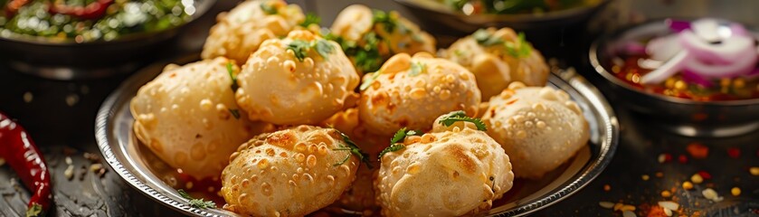 Pani puri, crispy hollow puris filled with spicy tamarind water, served on a vibrant plate with a festive Indian street food market