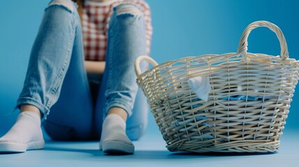 Close-up view of a large laundry basket next to a person sitting on the floor on a blue background, modern style