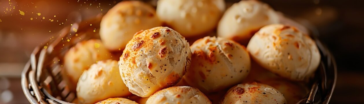 Paraguayan chipa, cheese bread rolls, served in a basket with a backdrop of the Paraguayan Chaco