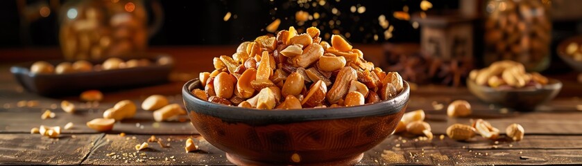 Peanut brittle candy, sweet and crunchy, served in a bowl with a traditional Taiwanese candy shop scene