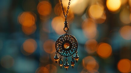 Closeup of a solsticethemed pendant hanging from a necklace
