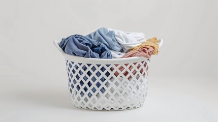 Front view of a large white laundry basket full of clothes placed on white background, modern style