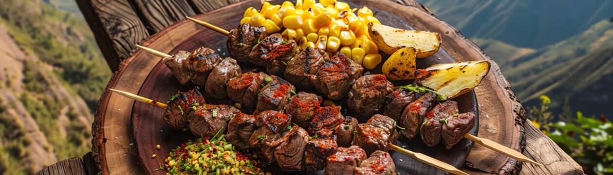 A delicious and healthy meal of grilled steak, corn on the cob, and potatoes, with a beautiful view of the mountains in the background.
